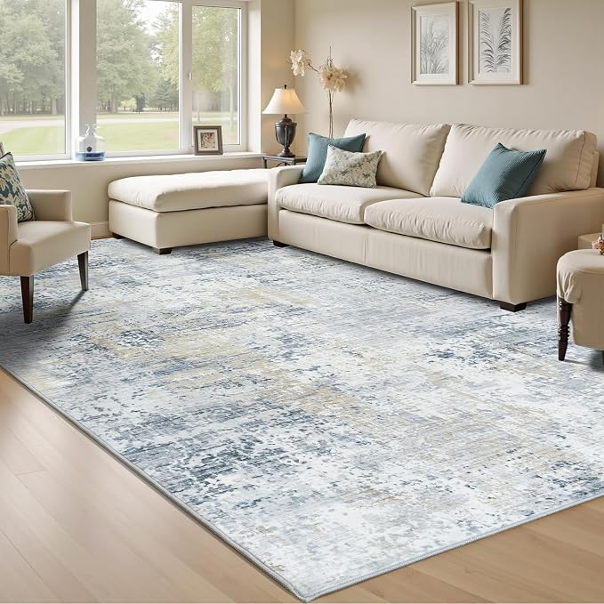 9x12 Abstract Rugs for Living Room, Non-Slip Machine Washable Carpet, Bedroom by Carpelux