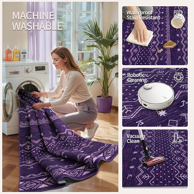 SERISSA Hallway Runner Rug, 2x10 Washable Non-Slip Purple and White Runners - Image 3