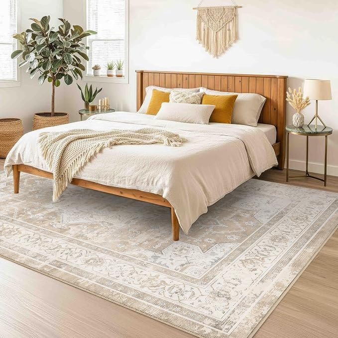 8x10 Area Rug for Living Room-Vintage Farmhouse Boho Floral Neutral Washable - Image 3