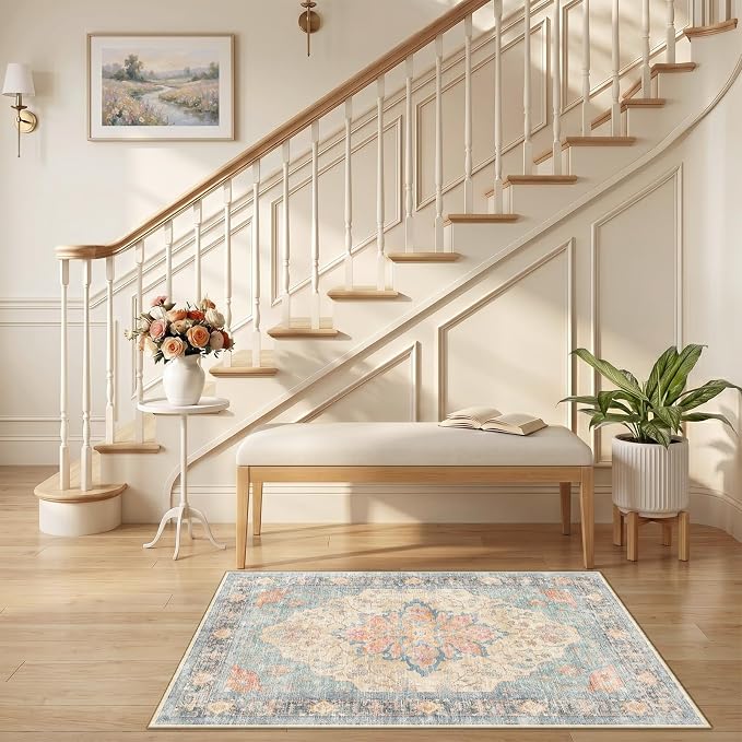 RELEANY Area Rugs Small 2'6"x4' Washable Non-Slip, Floral Vintage Distress - Image 2