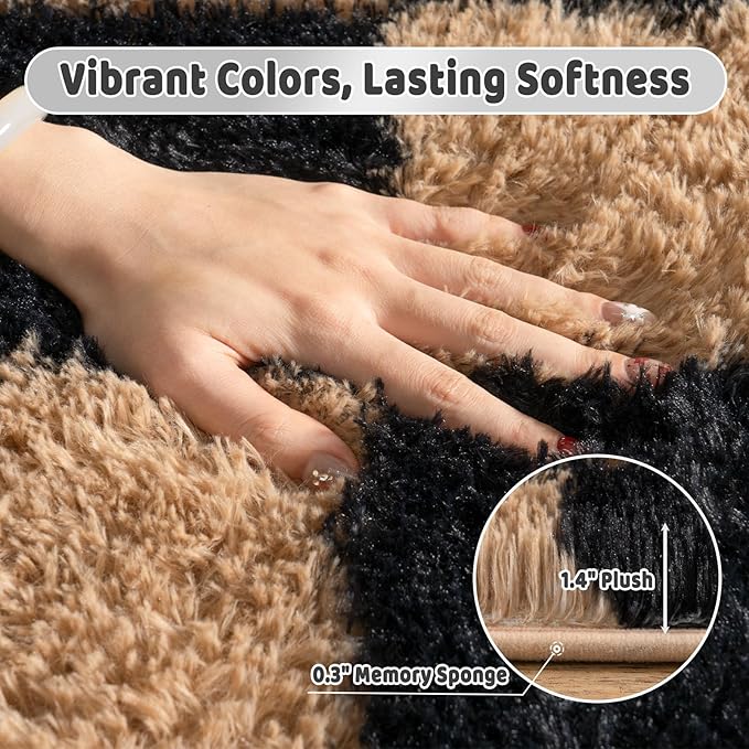 Shag Rugs for Living Room 9x12, Ultra Soft Checkered Black Beige Big Fuzzy Rugs - Image 5