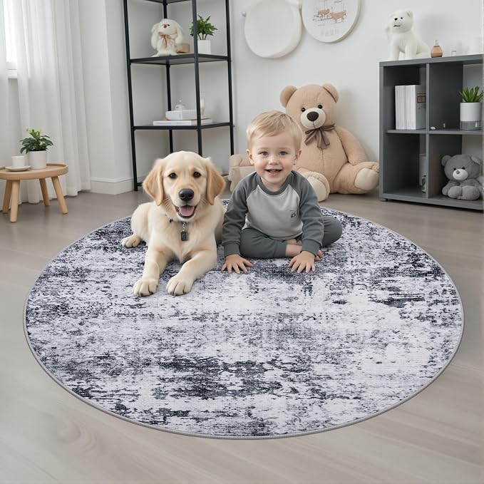 Round Area Rug for Living Room: 5 ft Washable Modern Abstract Soft Thin Rug - Image 2
