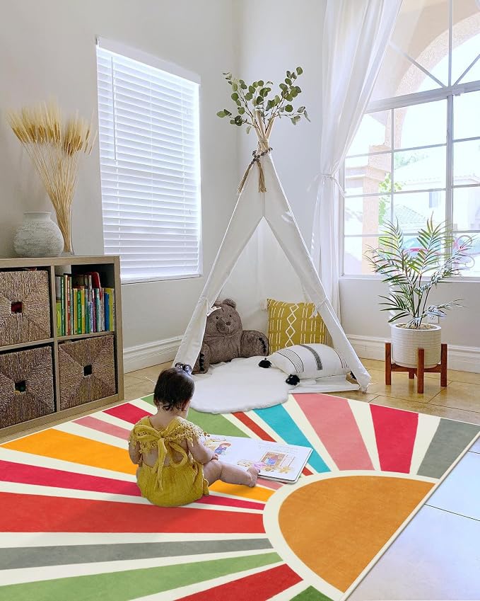 STARUIA Kids Rug 5'x7', Boho Washable Rainbow Nursery Rug, Non-Slip Soft Carpet - Image 7