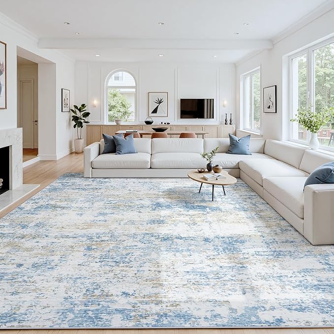 Area Rug 9x12 Living Room Rug Washable: No-Slip Abstract Soft Thin Large Blue by Oriannal