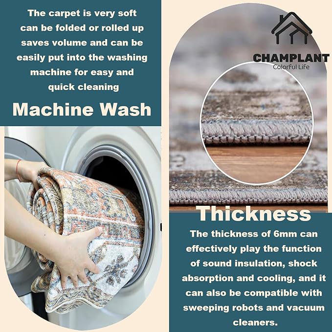 CHAMPLANT Area Rug 5'x7' Cyan Khaki Washable Vintage Traditional Floor Cover - Image 4