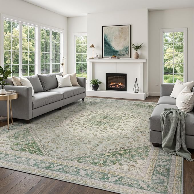 DCX Green 6x9 Area Rug, Machine Washable Non Slip Stain Resistant Vintage Rug by DCXWashableRug