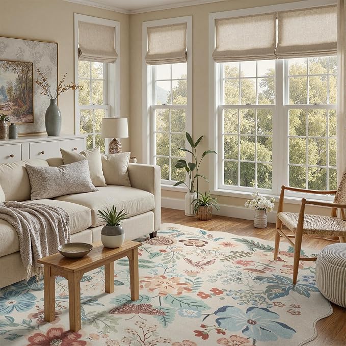 DCX Beige Floral Rug 4x6, Washable Beige Rug - Image 4