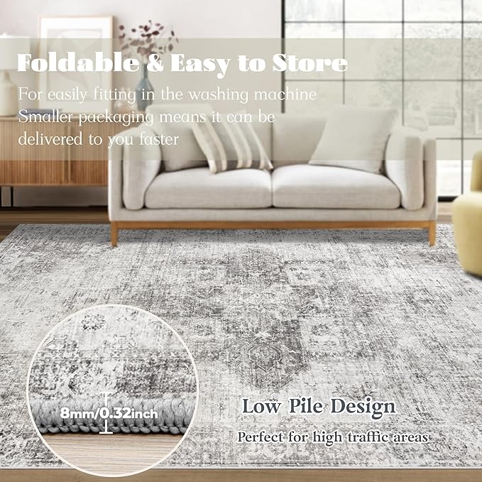 Area Rug 9x12 Washable Rug, Vintage Boho Medallion Rugs Non-Slip Soft Low Pile - Image 7