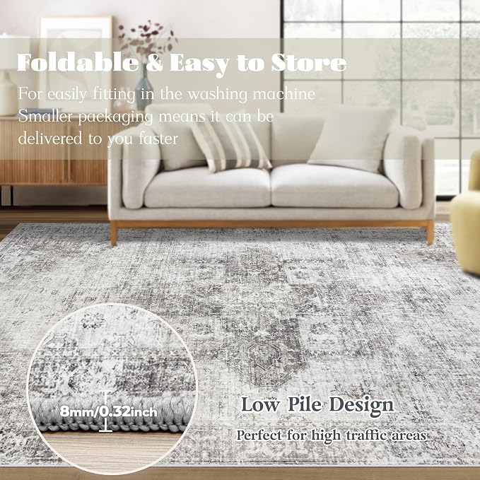 Area Rug 8x10 Washable Rug, Vintage Boho Medallion Rugs Non-Slip Soft Low Pile - Image 7