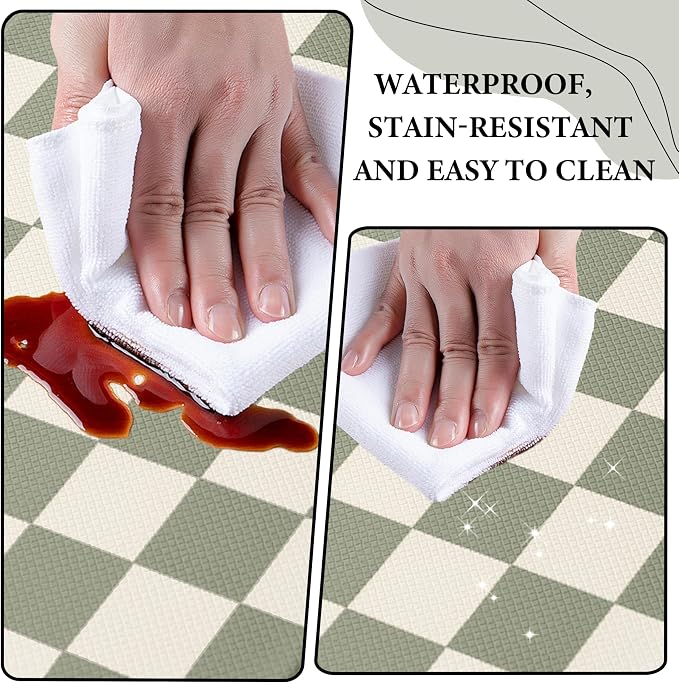Beige Sage Checkered Grid Checkerboard Kitchen Rug Sets, Anti-Fatigue, - Image 5