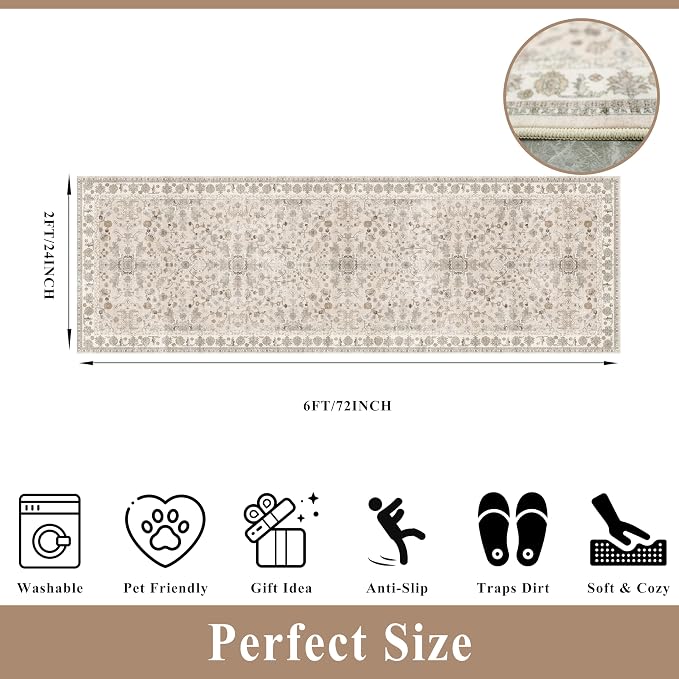 2x6 Washable Kitchen Runner Rug – Boho Vintage Non-Slip Carpet Runner - Image 2