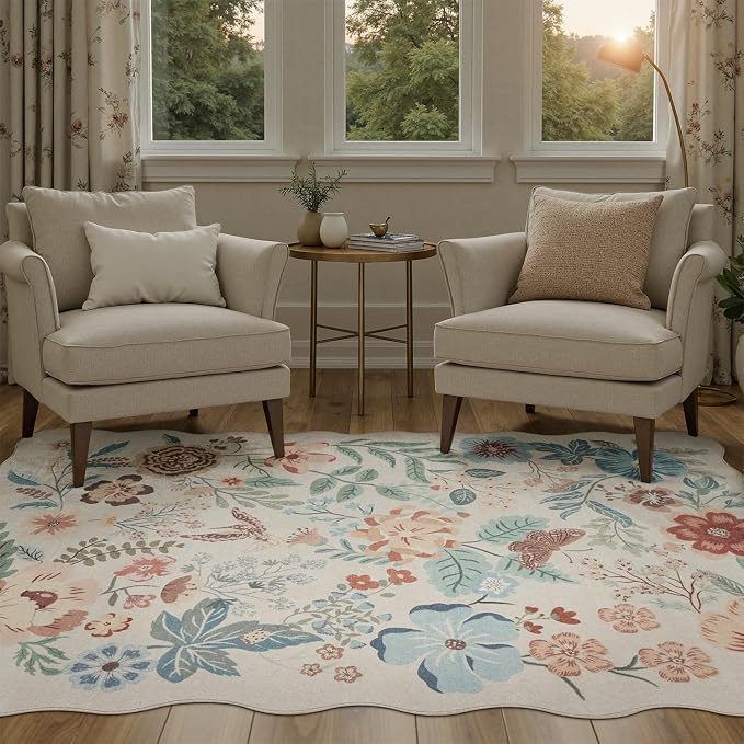 DCX Beige Floral Rug 9x12, Washable Beige Rug - Image 7