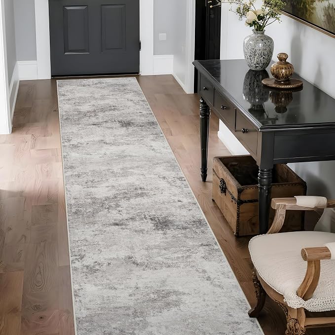 Grey Abstract 2x10 Washable Non-Slip Hallway Runner Rug | Soft Stain Resistant - Image 3