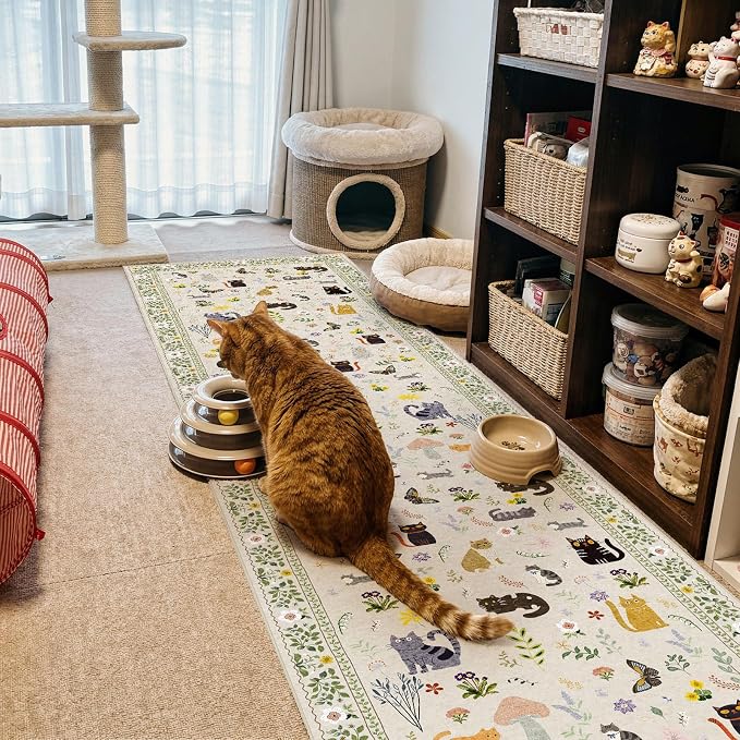 Washable 2x10 Hallway Runner Rug: Non Slip Soft Long Low Pile Animal Cat Print by Puino