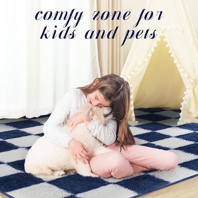 Super Soft Rug for Bedroom, 8x10 ft Blue and White Area Rug Classic Checkered - Image 8