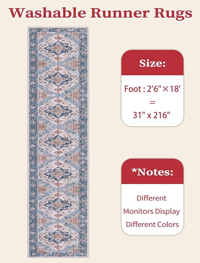 SERISSA Runner Rug for Hallways, Extra Long Boho Rug Ultra Soft Vintage Blue - Image 6