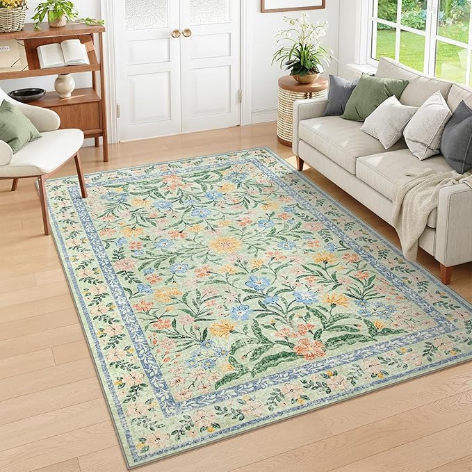 Wonnitar Washable Floral 6x9 Rug, Soft Green Area Rug Boho Non Slip Dining Room by Wonnitar