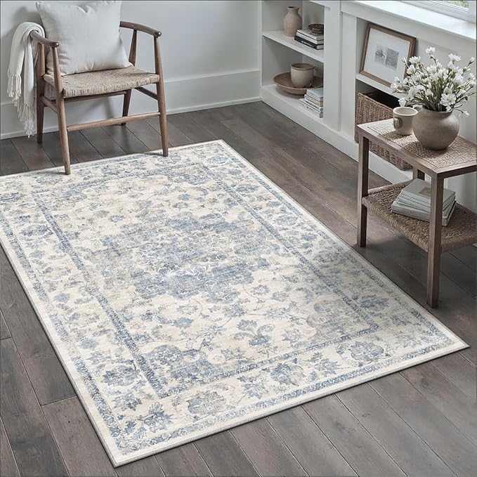 4x5 Washable Neutral Area Rug Blue Vintage Entryway Office Carpet Non-Slip Soft - Image 2