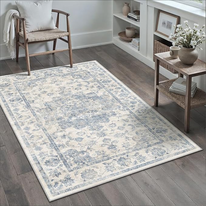 3x5 Washable Neutral Area Rug Blue Vintage Entryway Office Carpet Non-Slip Soft by WondRg