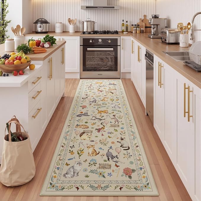 Unirea 2x6 Beige Cat Runner Rug, Washable Non Slip Botanical Rug - Image 3