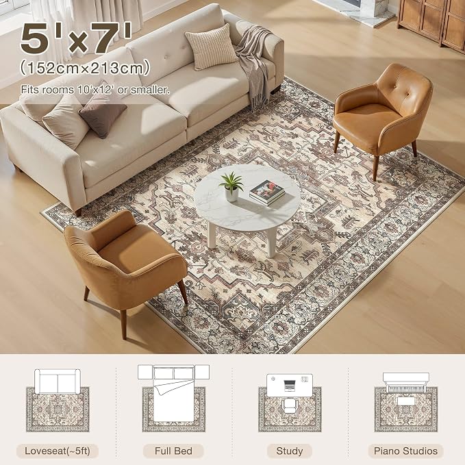5x7 Area Rugs Living Room: Washable Vintage Rug Large Non-Slip Stain Resistant - Image 8