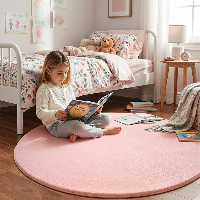 Amearea Pink Round Area Rugs 4ft Washable Circle Rugs - Image 2