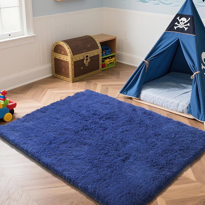 Blue Fluffy Rug Shag Area Rug, 4x6 Area Rugs - Image 2