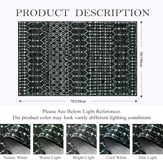 Lahome Moroccan Black Rug for Living Room Washable Area Rug 5x7 Non-Slip - Image 2