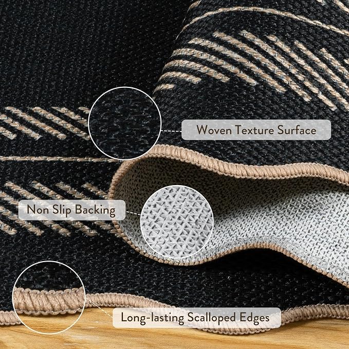LIVEBOX Scalloped 2x6 Kitchen Runner Rug, Easy Jute Black Rugs - Image 4