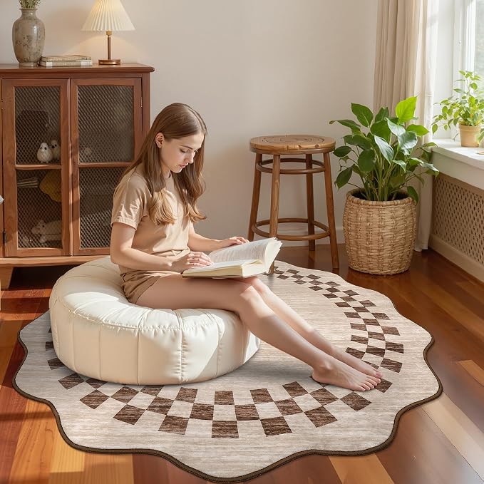 6ft Washable Round Rug for Entryway Modern Checkered Bedroom Circle Rug Non - Image 2