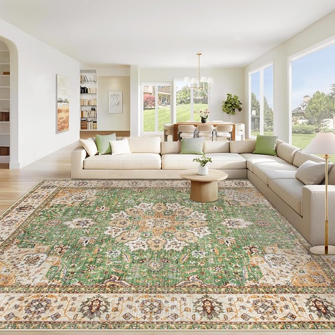Area Rug 9x12 Washable Rug, Vintage Boho Medallion Rugs Non-Slip Soft Low Pile by VECARF