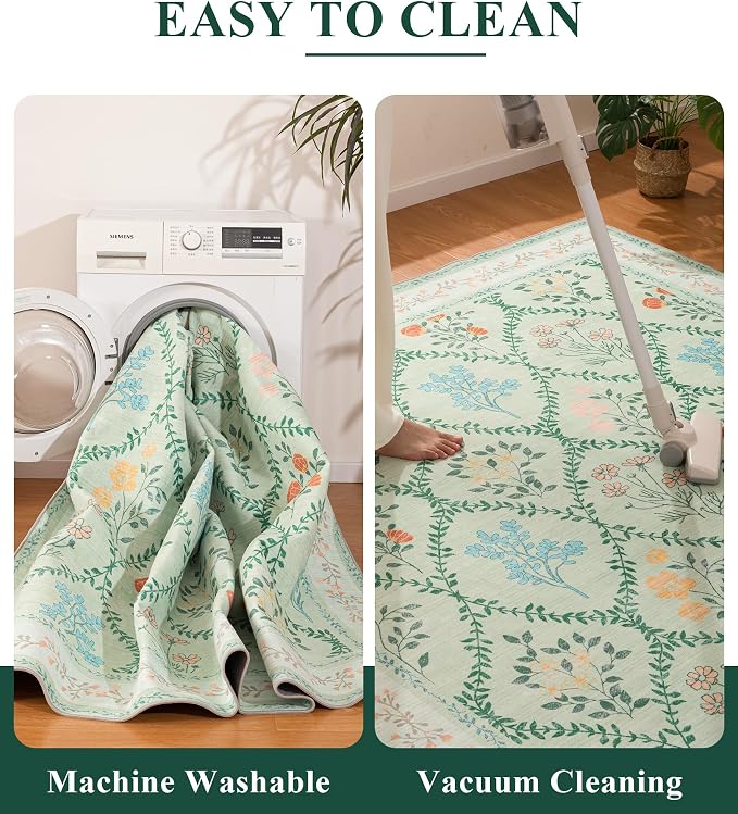 YIHOUSE Green Floral Print Rugs, Moroccan Trellis 10x14 Washable Large Rug - Image 5