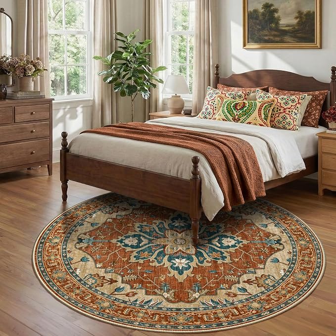 RELEANY Area Rugs Round 8ft Washable Non-Slip, Floral Vintage Distress - Image 2