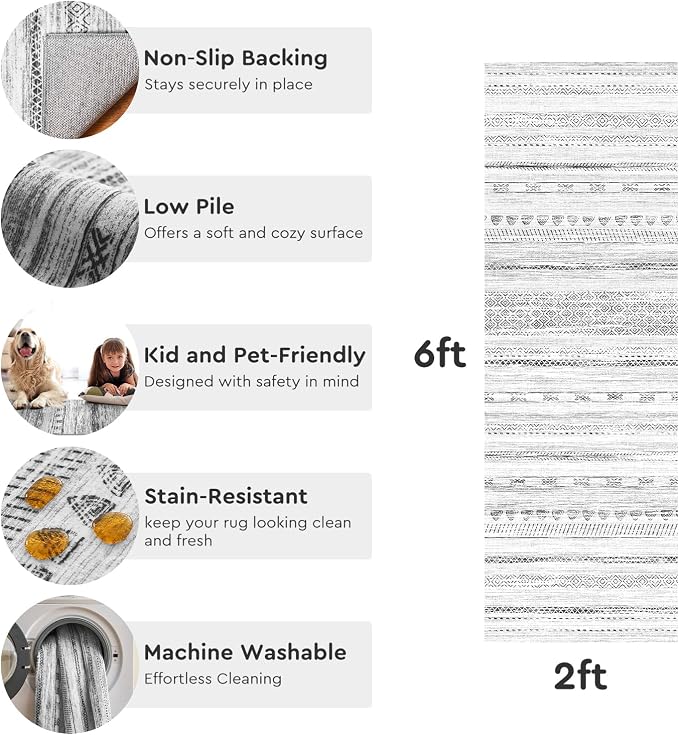 2x6 Runner Rug Machine Washable Non Slip Area Rug Distressed Neutral Moroccan - Image 5