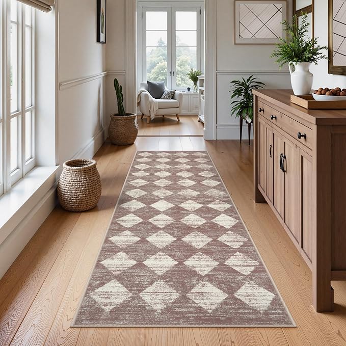 Checkered Runner Rug 2x8 Beige, Hallway Kitchen Bathroom Non Slip Washable by Lahome