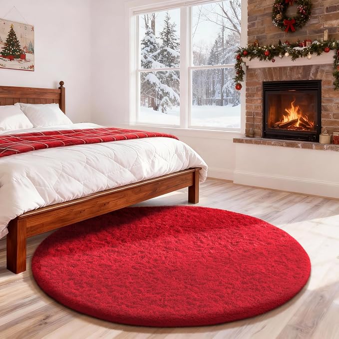 Ophanie Round Rug 4Ft Red Circle Area Rug, Christmas Room Decor, Aesthetic by Ophanie