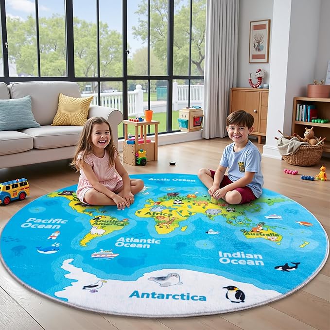 Kids Playroom Rug, 6x6ft Round World Map Play Mat by OHDS
