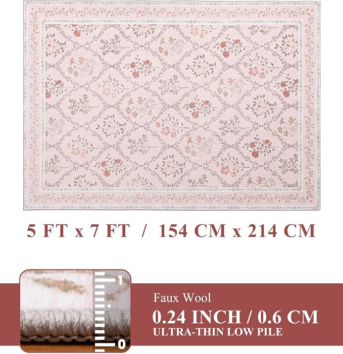 YIHOUSE 5x7 Pink Floral Rug for Bedroom Girls, Washable Area Rugs for Living - Image 8