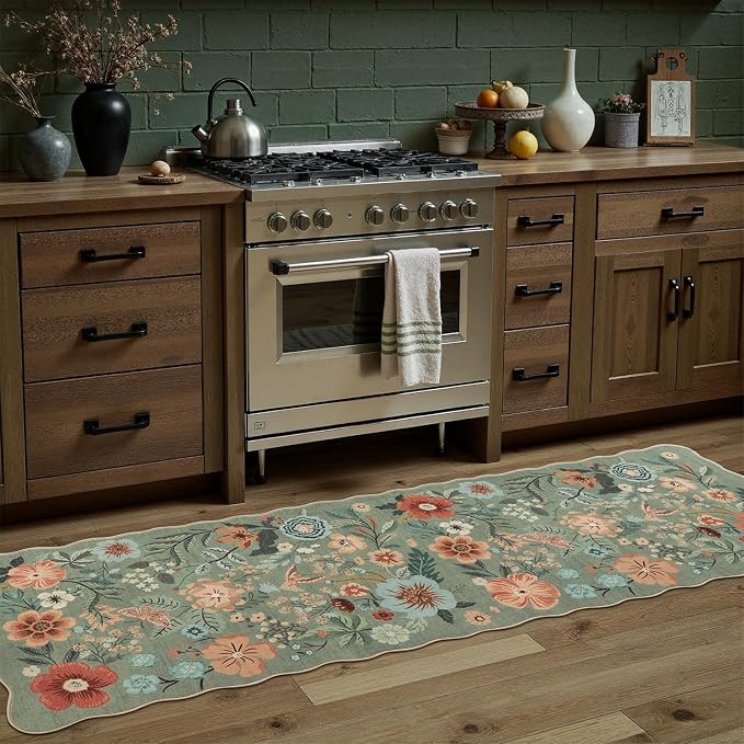 DCX Vintage Floral Rug 2x6, Washable Sage Green Rug by DCXWashableRug