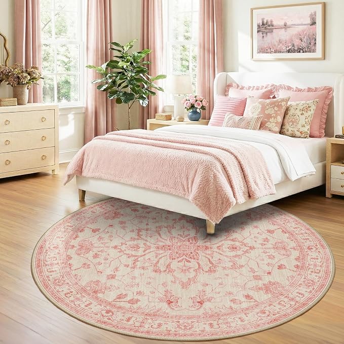 RELEANY Area Rugs Round 8ft Washable Non-Slip, Floral Vintage Distress - Image 3