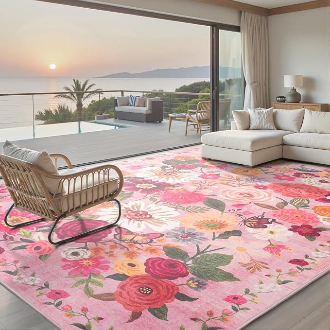 Pink Area Rugs 10x14 for Living Room, Non Slip Machine Washable Floral Rugs by WelcometoBabovid