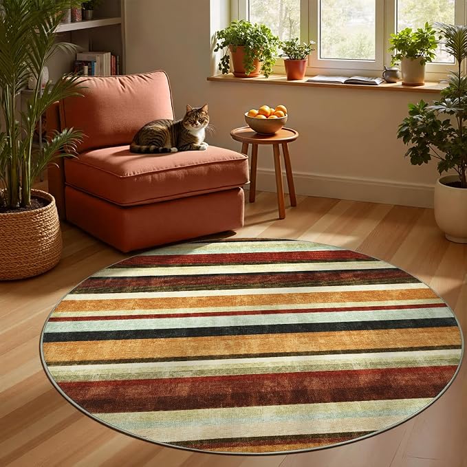 jinchan Round Rug 5ft Modern Striped Rug Washable Rug Soft Large Indoor Floor - Image 5