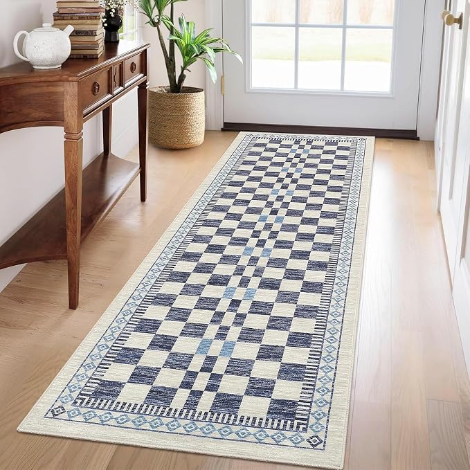GarveeHome 2x8 Runner Rug for Kitchen Bathroom Modern Blue Checkered Long Rug - Image 6