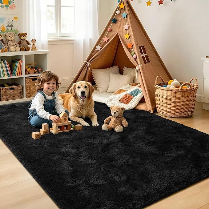 4x6 Black Area Rug for Bedroom Living Room Dining Room, Fluffy Shag Soft Plush - Image 4