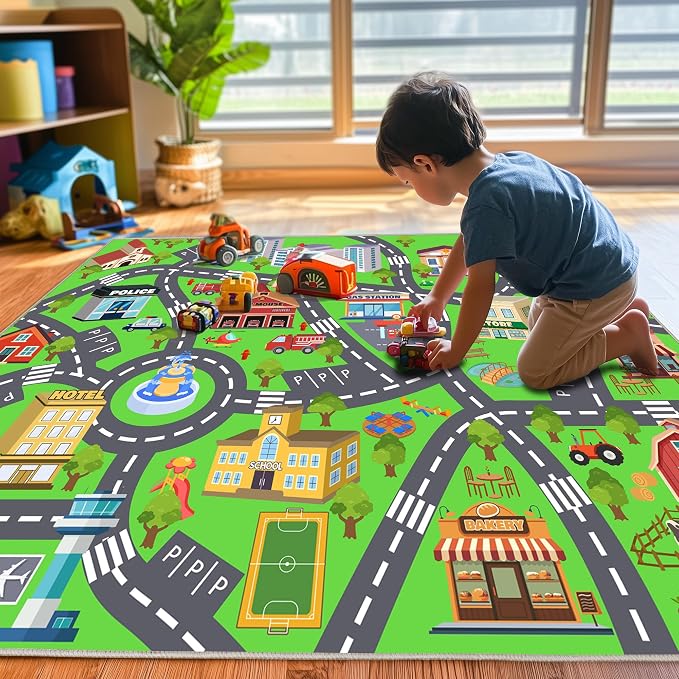 Kids Room Rug - Soft & Non-Slip 9x12 Ft Town Car Rug City Map Play Mat - Image 3