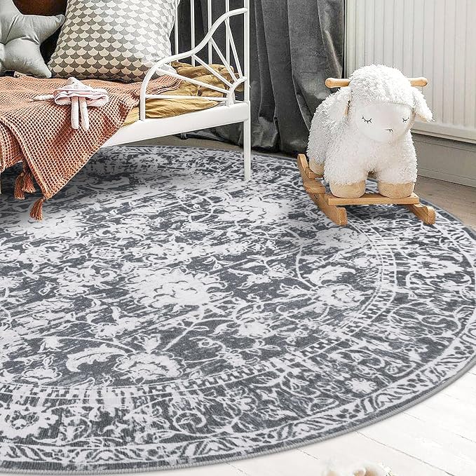 KILOCOCO Area Rug 6ft Round Living Room Rug Washable Printed Vintage Floral - Image 2