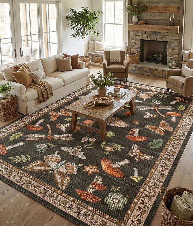 Mushroom 10x13 Area Rug for Living Room Washable Non Slip Forest Soft Low-Pile by ROYHOME