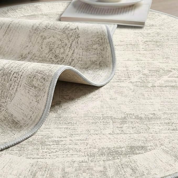 Latte&Fog Washable Round Area Rug 4ft, Vintage Floral Low Pile Non Slip Ivory - Image 7