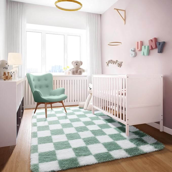 KICMOR 4x6 Rug for Bedroom Living Room, Fluffy Sage Green and White Checkered - Image 5
