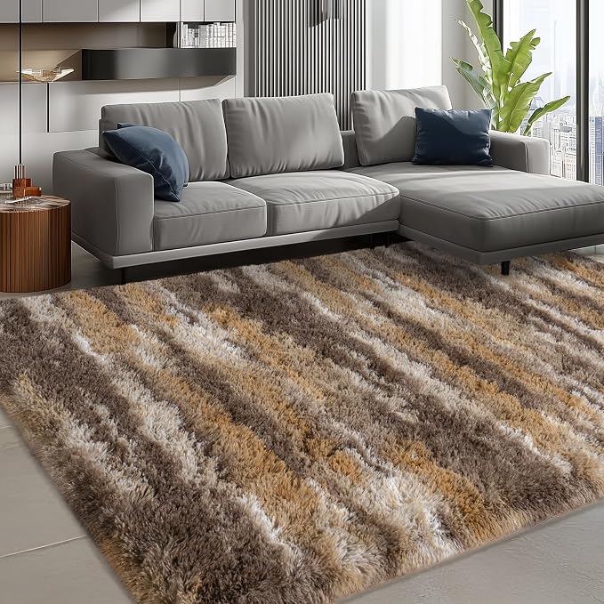 Shag Rugs for Living Room 6x9, Ultra Soft Abstract Brown Big Fuzzy Rugs for - Image 4